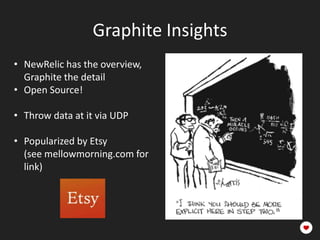 Graphite Insights
• NewRelic has the overview,
  Graphite the detail
• Open Source!

• Throw data at it via UDP

• Popularized by Etsy
  (see mellowmorning.com for
  link)
 
