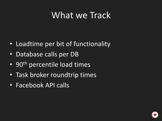What we Track

•   Loadtime per bit of functionality
•   Database calls per DB
•   90th percentile load times
•   Task broker roundtrip times
•   Facebook API calls
 