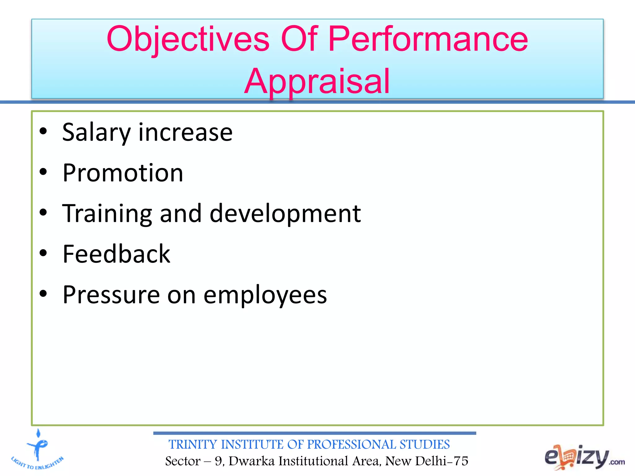TRINITY INSTITUTE OF PROFESSIONAL STUDIES
Sector – 9, Dwarka Institutional Area, New Delhi-75
Objectives Of Performance
Appraisal
• Salary increase
• Promotion
• Training and development
• Feedback
• Pressure on employees
 