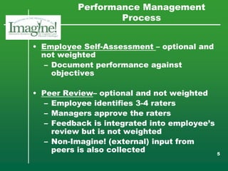 Performance Management
                  Process


• Employee Self-Assessment – optional and
  not weighted
   – Document performance against
     objectives

• Peer Review– optional and not weighted
   – Employee identifies 3-4 raters
   – Managers approve the raters
   – Feedback is integrated into employee’s
     review but is not weighted
   – Non-Imagine! (external) input from
     peers is also collected                5
 