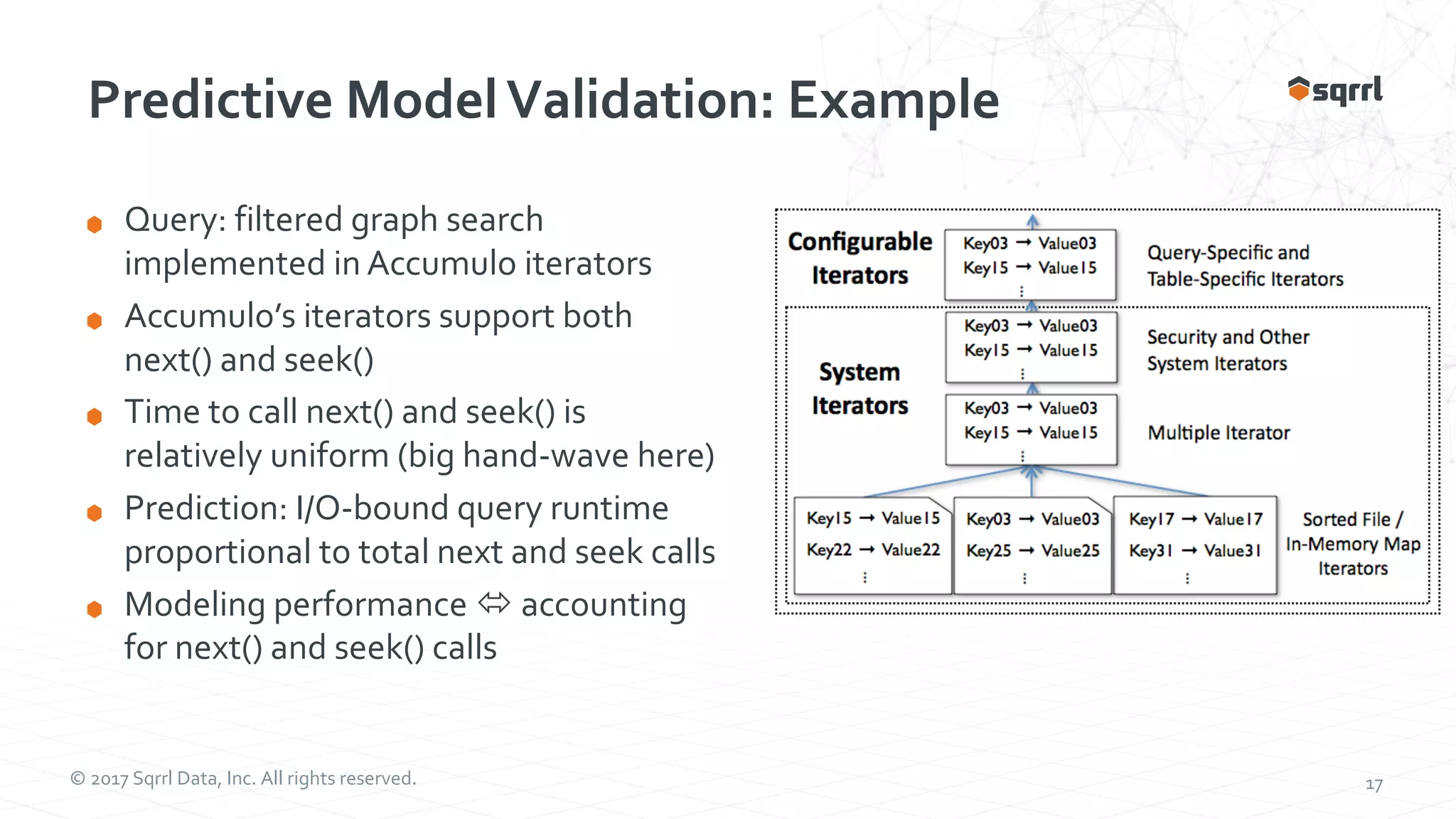 © 2017 Sqrrl Data, Inc. All rights reserved. 17 Predictive ModelValidation: Example Query: filtered graph search implemented in Accumulo iterators Accumulo’s iterators support both next() and seek() Time to call next() and seek() is relatively uniform (big hand-wave here) Prediction: I/O-bound query runtime proportional to total next and seek calls Modeling performance ó accounting for next() and seek() calls 