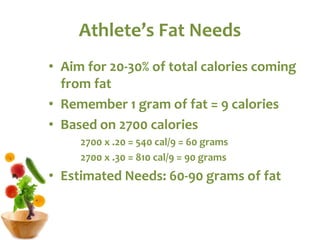 Athlete’s Fat Needs
• Aim for 20-30% of total calories coming
from fat
• Remember 1 gram of fat = 9 calories
• Based on 2700 calories
2700 x .20 = 540 cal/9 = 60 grams
2700 x .30 = 810 cal/9 = 90 grams
• Estimated Needs: 60-90 grams of fat
 