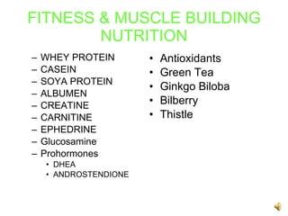 FITNESS & MUSCLE BUILDING NUTRITION WHEY PROTEIN CASEIN SOYA PROTEIN ALBUMEN CREATINE CARNITINE EPHEDRINE Glucosamine Prohormones DHEA ANDROSTENDIONE Antioxidants Green Tea Ginkgo Biloba Bilberry Thistle 