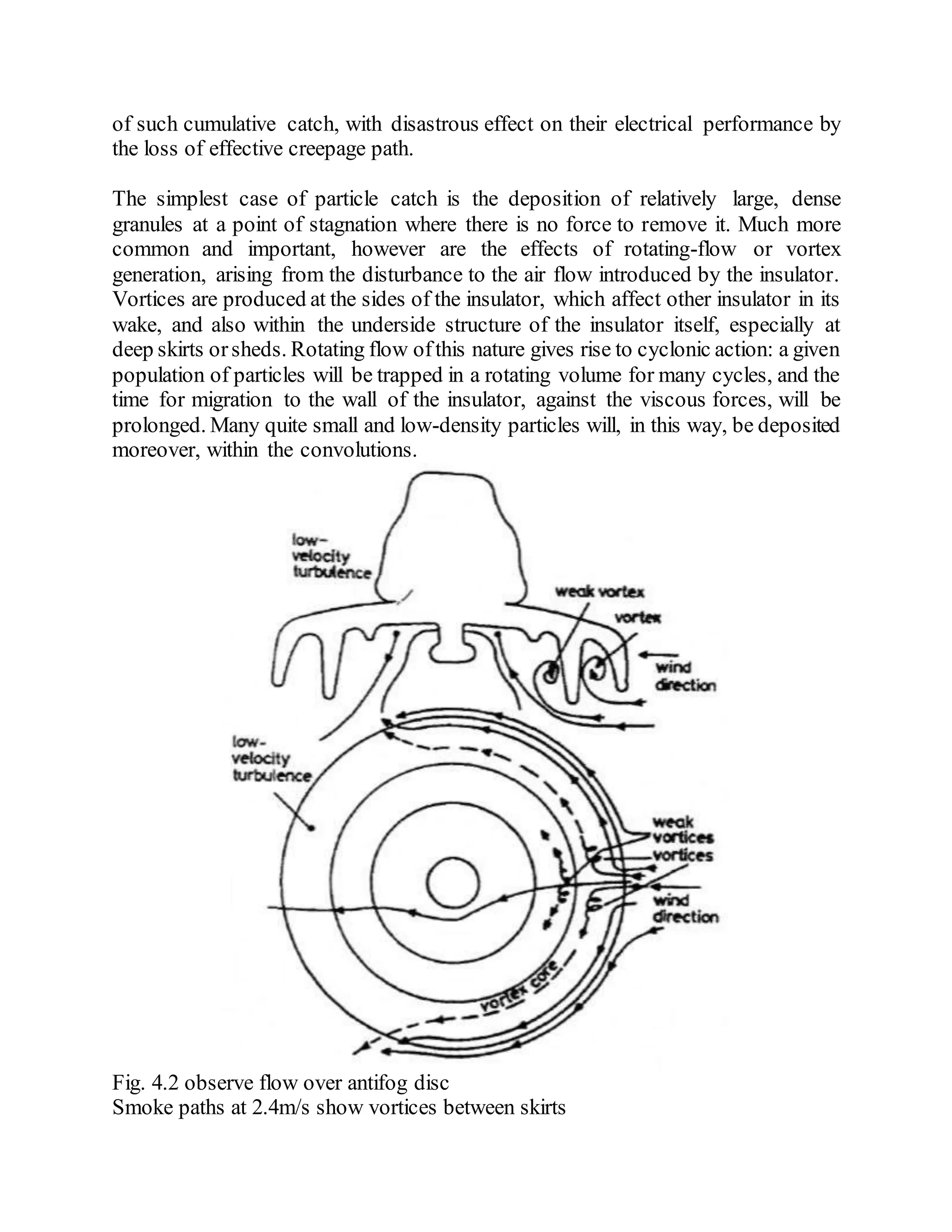 of such cumulative catch, with disastrous effect on their electrical performance by
the loss of effective creepage path.
The simplest case of particle catch is the deposition of relatively large, dense
granules at a point of stagnation where there is no force to remove it. Much more
common and important, however are the effects of rotating-flow or vortex
generation, arising from the disturbance to the air flow introduced by the insulator.
Vortices are produced at the sides of the insulator, which affect other insulator in its
wake, and also within the underside structure of the insulator itself, especially at
deep skirts orsheds. Rotating flow ofthis nature gives rise to cyclonic action: a given
population of particles will be trapped in a rotating volume for many cycles, and the
time for migration to the wall of the insulator, against the viscous forces, will be
prolonged. Many quite small and low-density particles will, in this way, be deposited
moreover, within the convolutions.
Fig. 4.2 observe flow over antifog disc
Smoke paths at 2.4m/s show vortices between skirts
 