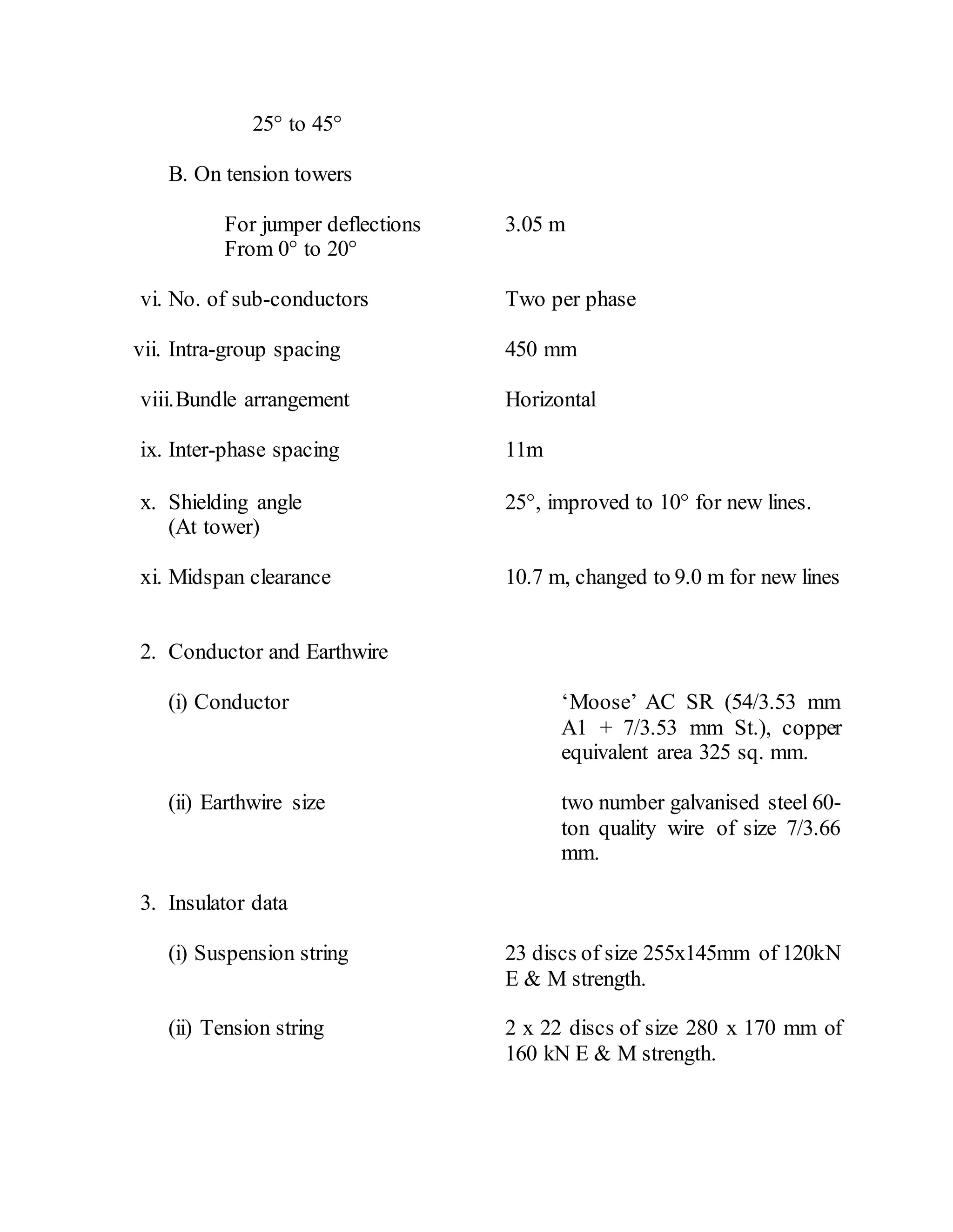 25° to 45°
B. On tension towers
For jumper deflections 3.05 m
From 0° to 20°
vi. No. of sub-conductors Two per phase
vii. Intra-group spacing 450 mm
viii.Bundle arrangement Horizontal
ix. Inter-phase spacing 11m
x. Shielding angle 25°, improved to 10° for new lines.
(At tower)
xi. Midspan clearance 10.7 m, changed to 9.0 m for new lines
2. Conductor and Earthwire
(i) Conductor ‘Moose’ AC SR (54/3.53 mm
A1 + 7/3.53 mm St.), copper
equivalent area 325 sq. mm.
(ii) Earthwire size two number galvanised steel 60-
ton quality wire of size 7/3.66
mm.
3. Insulator data
(i) Suspension string 23 discs of size 255x145mm of 120kN
E & M strength.
(ii) Tension string 2 x 22 discs of size 280 x 170 mm of
160 kN E & M strength.
 