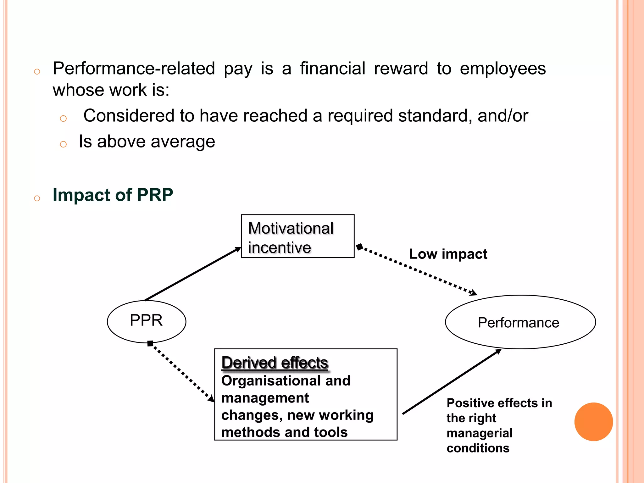 o   Performance-related pay is a financial reward to employees
    whose work is:
     o Considered to have reached a required standard, and/or
     o Is above average


o   Impact of PRP
                          Motivational
                          incentive           Low impact



             PPR                                       Performance

                       Derived effects
                       Organisational and
                       management                 Positive effects in
                       changes, new working       the right
                       methods and tools          managerial
                                                  conditions
 