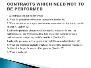  A contract need not be performed –
1. When its performance becomes impossible(Section 56)
2. When the parties to it agree to substitute a new contract for it or to rescind
or alter it.(Section 62)
3.When the promisee dispenses with or remits, wholly or in part, the
performance of the promise made to him or extends the time for such
performance or accepts any satisfaction for it.(Section 63)
4.When the person at whose option it is voidable, rescinds it(Section 64)
5. When the promisee neglects or refuses to afford the promisor reasonable
facilities for the performance of his promise.(Section 67)
6. When it is illegal.
 