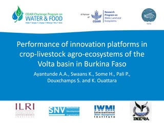 A Partner
of
Performance of innovation platforms in
crop-livestock agro-ecosystems of the
Volta basin in Burkina Faso
Ayantunde A.A., Swaans K., Some H., Pali P.,
Douxchamps S. and K. Ouattara
 