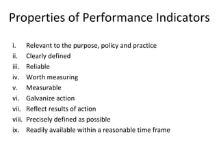 Properties of Performance Indicators
i. Relevant to the purpose, policy and practice
ii. Clearly defined
iii. Reliable
iv. Worth measuring
v. Measurable
vi. Galvanize action
vii. Reflect results of action
viii. Precisely defined as possible
ix. Readily available within a reasonable time frame
 