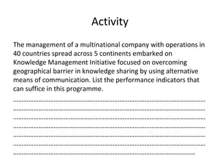 Activity
The management of a multinational company with operations in
40 countries spread across 5 continents embarked on
Knowledge Management Initiative focused on overcoming
geographical barrier in knowledge sharing by using alternative
means of communication. List the performance indicators that
can suffice in this programme.
……………………………………………………………………………………………………
……………………………………………………………………………………………………
……………………………………………………………………………………………………
……………………………………………………………………………………………………
……………………………………………………………………………………………………
……………………………………………………………………………………………………
………………………………………………………………………………………………
 