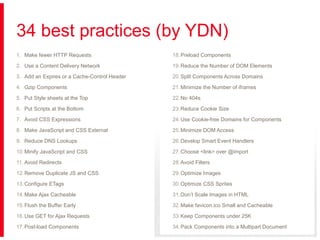 34 best practices (by YDN)
1. Make fewer HTTP Requests

18. Preload Components

2. Use a Content Delivery Network

19. Reduce the Number of DOM Elements

3. Add an Expires or a Cache-Control Header

20. Split Components Across Domains

4. Gzip Components

21. Minimize the Number of iframes

5. Put Style sheets at the Top

22. No 404s

6. Put Scripts at the Bottom

23. Reduce Cookie Size

7. Avoid CSS Expressions

24. Use Cookie-free Domains for Components

8. Make JavaScript and CSS External

25. Minimize DOM Access

9. Reduce DNS Lookups

26. Develop Smart Event Handlers

10. Minify JavaScript and CSS

27. Choose <link> over @import

11. Avoid Redirects

28. Avoid Filters

12. Remove Duplicate JS and CSS

29. Optimize Images

13. Configure ETags

30. Optimize CSS Sprites

14. Make Ajax Cacheable

31. Don’t Scale Images in HTML

15. Flush the Buffer Early

32. Make favicon.ico Small and Cacheable

16. Use GET for Ajax Requests

33. Keep Components under 25K

17. Post-load Components

34. Pack Components into a Multipart Document

 
