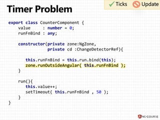 export class CounterComponent {
value : number = 0;
runFnBind : any;
constructor(private zone:NgZone,
private cd :ChangeDetectorRef){
this.runFnBind = this.run.bind(this);
zone.runOutsideAngular( this.runFnBind );
}
run(){
this.value++;
setTimeout( this.runFnBind , 50 );
}
}
Ticks Update
zone.runOutsideAngular( this.runFnBind );
 