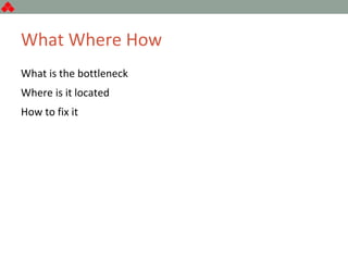 What Where How
What is the bottleneck
Where is it located
How to fix it
 