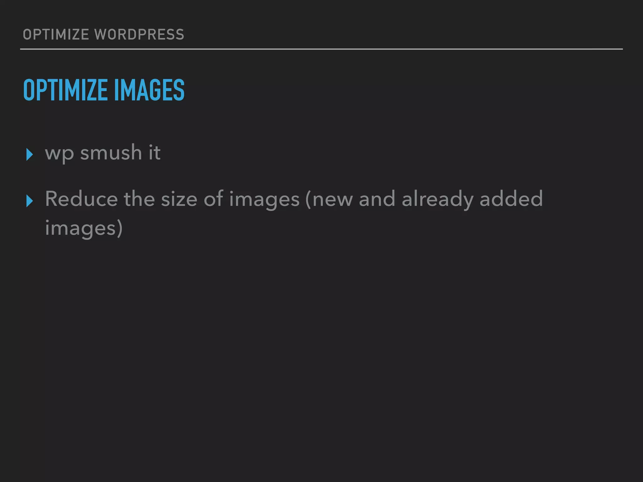 OPTIMIZE WORDPRESS OPTIMIZE IMAGES ▸ wp smush it ▸ Reduce the size of images (new and already added images) 