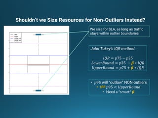 Shouldn’t we Size Resources for Non-Outliers Instead?
We size for SLA, as long as traffic
stays within outlier boundaries
John Tukey’s IQR method:
𝐼𝑄𝑅 = 𝑝75 − 𝑝25
𝐿𝑜𝑤𝑒𝑟𝐵𝑜𝑢𝑛𝑑 = 𝑝25	 − 𝜷 ∗ 𝐼𝑄𝑅
𝑈𝑝𝑝𝑒𝑟𝐵𝑜𝑢𝑛𝑑 = 𝑝75 + 𝜷 ∗ 𝐼𝑄𝑅
• 𝑝95 will “outlaw” NON-outliers
• IFF 𝑝95 < 𝑈𝑝𝑝𝑒𝑟𝐵𝑜𝑢𝑛𝑑
• Need a “smart” 𝜷
 