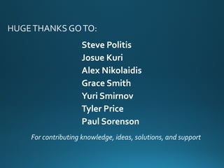 Steve Politis
Josue Kuri
Alex Nikolaidis
Grace Smith
Yuri Smirnov
Tyler Price
Paul Sorenson
For contributing knowledge, ideas, solutions, and support
 