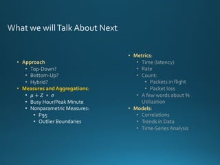 • Metrics:
• Time (latency)
• Rate
• Count:
• Packets in flight
• Packet loss
• A few words about %
Utilization
• Models:
• Correlations
• Trends in Data
• Time-Series Analysis
• Approach
• Top-Down?
• Bottom-Up?
• Hybrid?
• Measures and Aggregations:
• 𝜇 + 𝑍	 ∗ 	𝜎
• Busy Hour/Peak Minute
• Nonparametric Measures:
• P95
• Outlier Boundaries
 