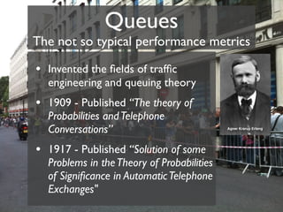 Queues
The not so typical performance metrics

• Invented the ﬁelds of trafﬁc
  engineering and queuing theory
• 1909 - Published “The theory of
  Probabilities and Telephone
  Conversations”                            Agner Krarup Erlang




• 1917 - Published “Solution of some
  Problems in the Theory of Probabilities
  of Signiﬁcance in Automatic Telephone
  Exchanges"
 