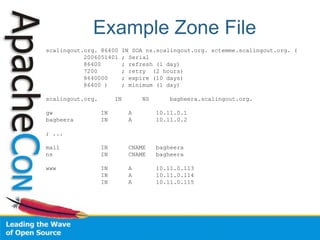 Example Zone File
scalingout.org. 86400   IN SOA ns.scalingout.org. sctemme.scalingout.org. (
           2006051401   ; Serial
           86400        ; refresh (1 day)
           7200         ; retry (2 hours)
           8640000      ; expire (10 days)
           86400 )      ; minimum (1 day)

scalingout.org.        IN       NS      bagheera.scalingout.org.

gw                IN        A        10.11.0.1
bagheera          IN        A        10.11.0.2

; ...

mail              IN        CNAME    bagheera
ns                IN        CNAME    bagheera

www               IN        A        10.11.0.113
                  IN        A        10.11.0.114
                  IN        A        10.11.0.115
 