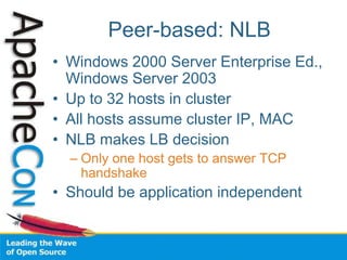 Peer-based: NLB
• Windows 2000 Server Enterprise Ed.,
Windows Server 2003
• Up to 32 hosts in cluster
• All hosts assume cluster IP, MAC
• NLB makes LB decision
– Only one host gets to answer TCP
handshake
• Should be application independent
 