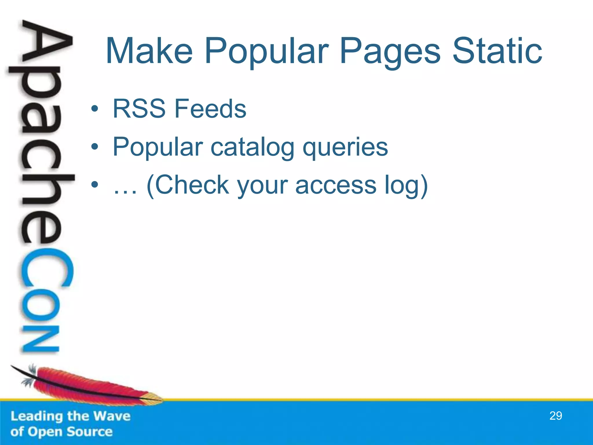 Make Popular Pages Static
• RSS Feeds
• Popular catalog queries
• … (Check your access log)
29
 