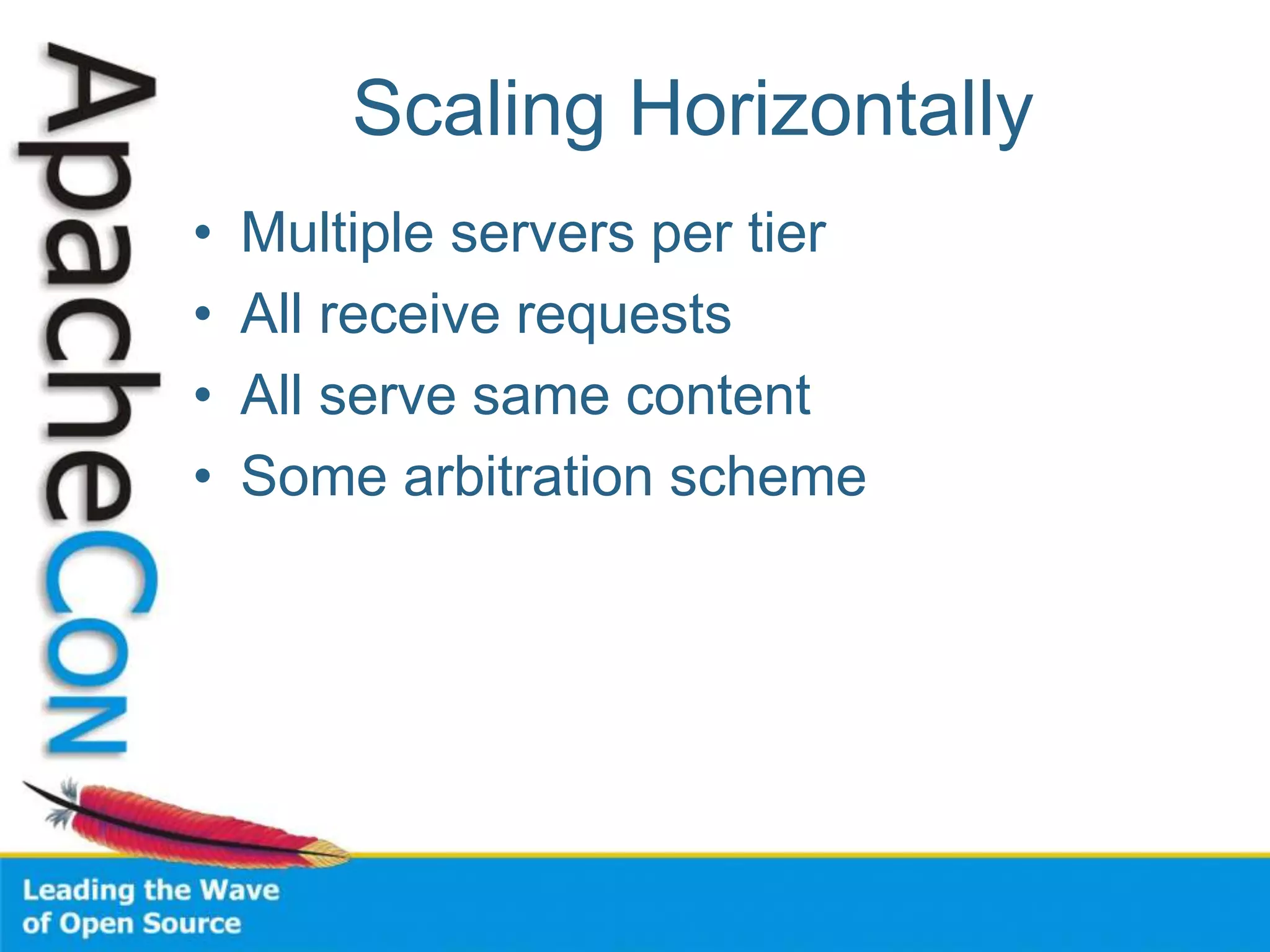 Scaling Horizontally
• Multiple servers per tier
• All receive requests
• All serve same content
• Some arbitration scheme
 