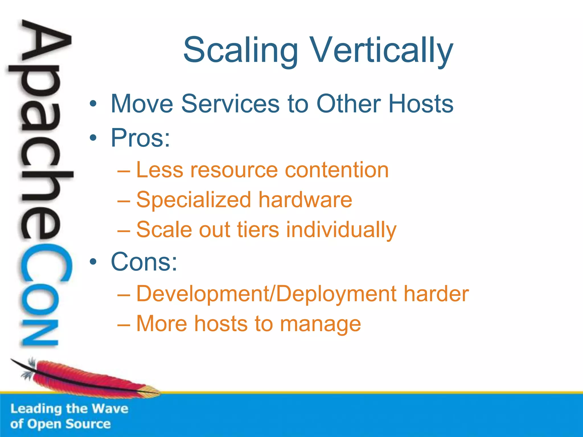 Scaling Vertically
• Move Services to Other Hosts
• Pros:
– Less resource contention
– Specialized hardware
– Scale out tiers individually
• Cons:
– Development/Deployment harder
– More hosts to manage
 
