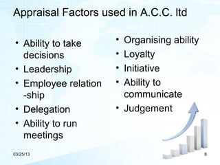 Appraisal Factors used in A.C.C. ltd

• Ability to take     • Organising ability
  decisions           • Loyalty
• Leadership          • Initiative
• Employee relation   • Ability to
  -ship                 communicate
• Delegation          • Judgement
• Ability to run
  meetings
03/25/13                                     8
 