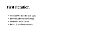 • Reduce the bundle size 50%
• Eliminate bundle overlaps.
• Moment localization.
• React dom development.
First Iteration
 