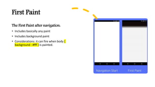 First Paint
The First Paint after navigation:
• Includes basically any paint
• Includes background paint
• Considerations: it can fire when body {
background : #fff } is painted.
 
