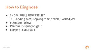 © 2015 Phase2
How to Diagnose
● SHOW [FULL] PROCESSLIST
○ Sending data, Copying to tmp table, Locked, etc
● mysqldumpslow
● Percona: pt-query-digest
● Logging in your app
 