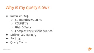 © 2015 Phase2
Why is my query slow?
● Inefficient SQL
○ Subqueries vs. Joins
○ COUNT(*)
○ High Offsets
○ Complex versus split queries
● Disk versus Memory
● Sorting
● Query Cache
 