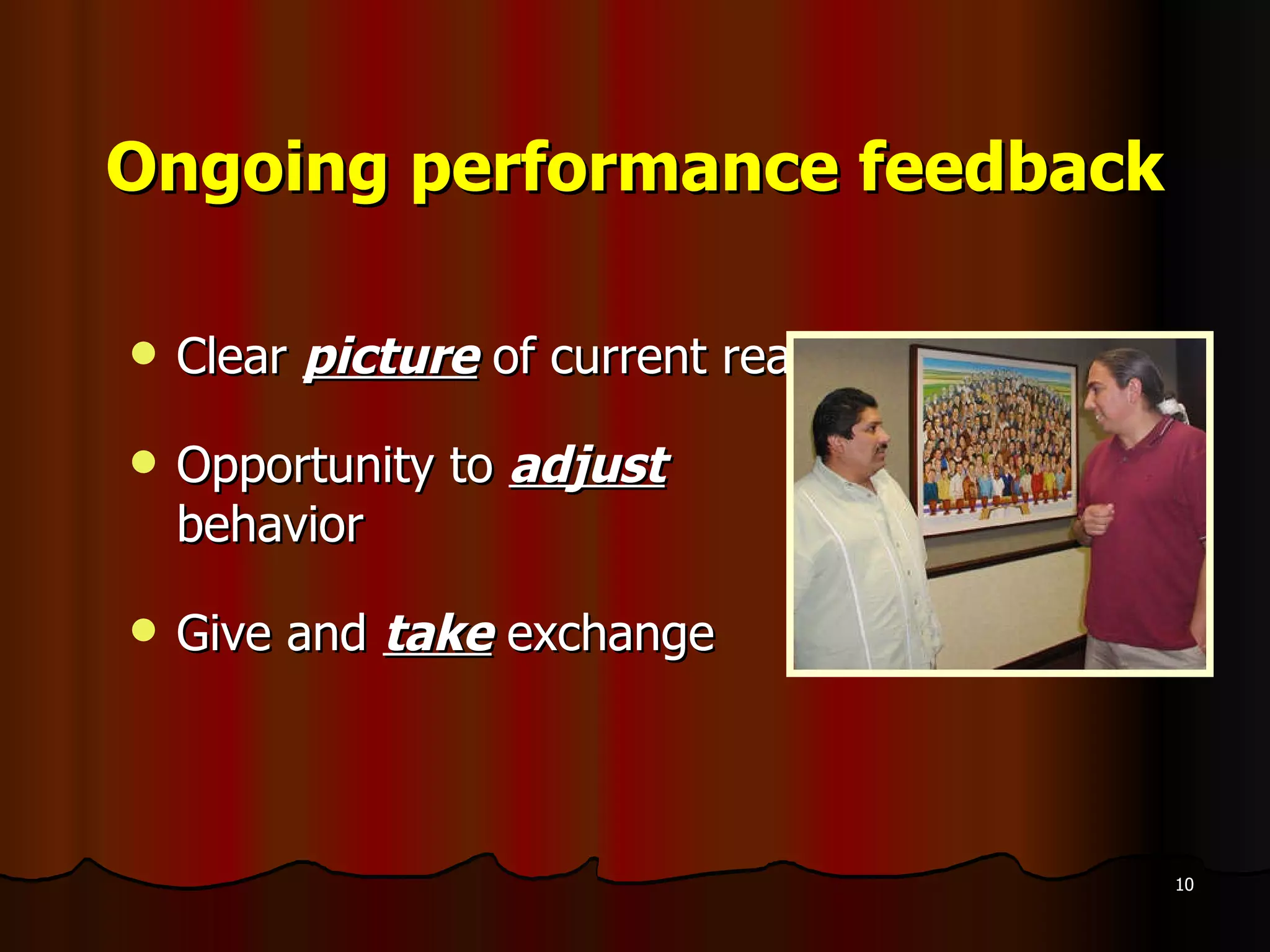 Ongoing performance feedback Clear  picture  of current reality Opportunity to  adjust  behavior Give and  take  exchange 