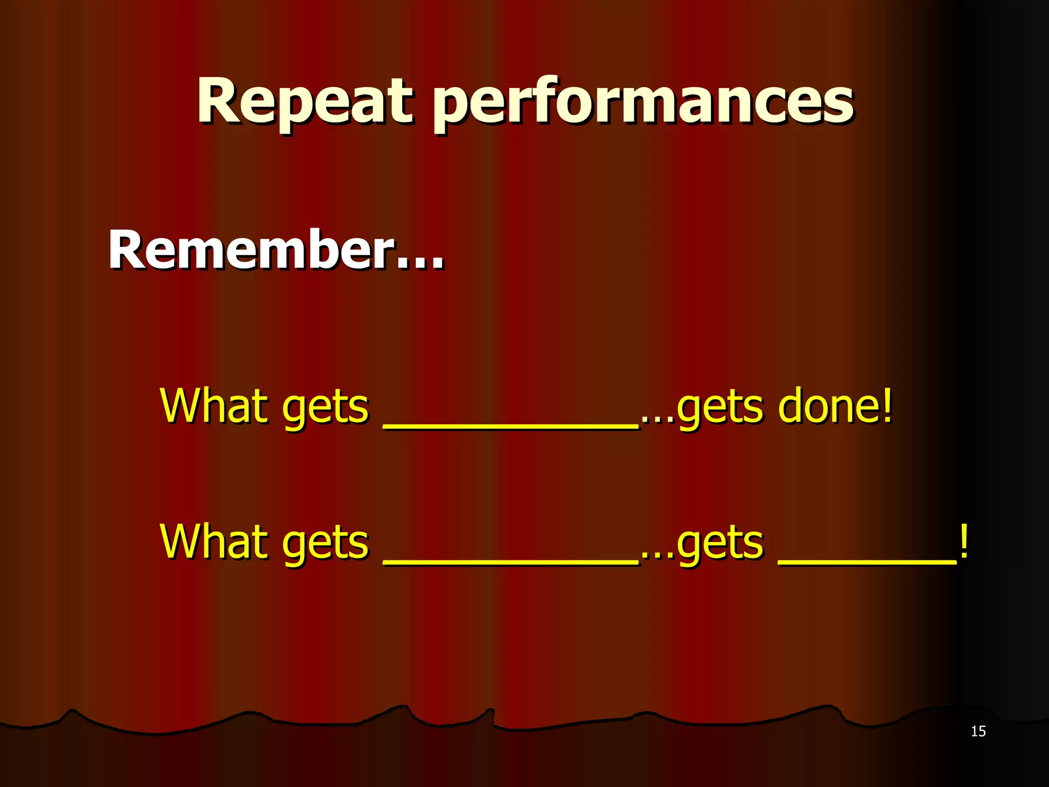 Repeat performances Remember… What gets  __________ … gets done! What gets  __________ …gets  _______ ! 