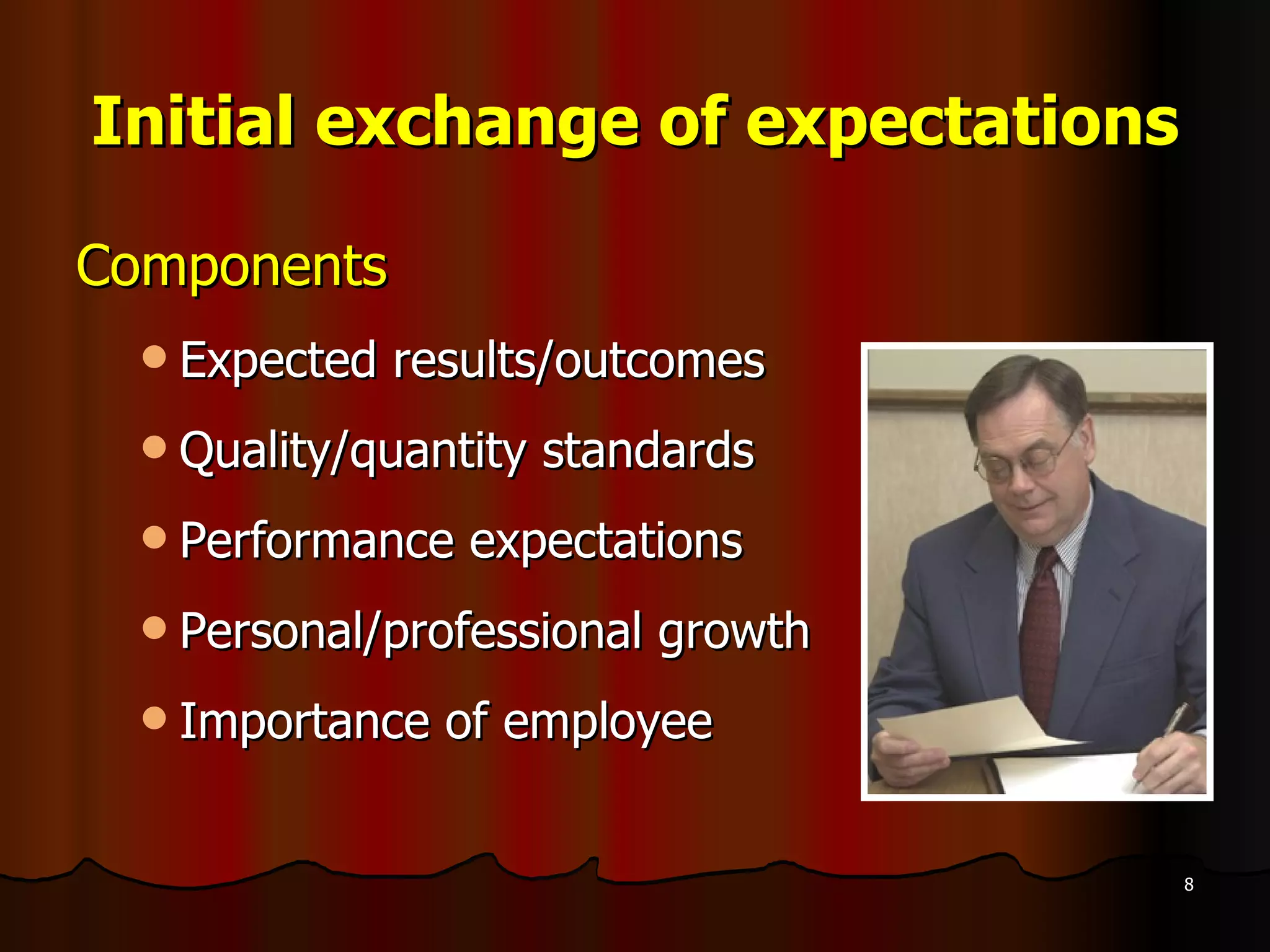 Initial exchange of expectations Components Expected results/outcomes Quality/quantity standards Performance expectations Personal/professional growth Importance of employee 