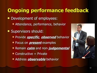 Ongoing performance feedback Development of employees: Attendance, performance, behavior Supervisors should: Provide  specific ,  observed  behavior Focus on  present   examples Remain  calm  and non- judgemental Constructive = Private Address  observable  behavior 