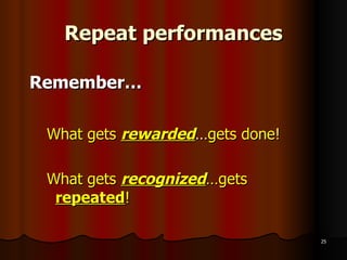 Repeat performances Remember… What gets  rewarded … gets done! What gets  recognized …gets  repeated ! 