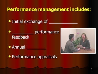 Performance management includes: Initial exchange of ____________ _________ performance  feedback Annual ________ Performance appraisals 