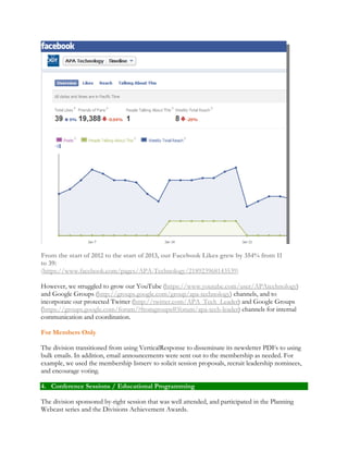From the start of 2012 to the start of 2013, our Facebook Likes grew by 354% from 11 
to 39: 
(https://www.facebook.com/pages/APA-Technology/218923968143539) 
However, we struggled to grow our YouTube (https://www.youtube.com/user/APAtechnology) 
and Google Groups (http://groups.google.com/group/apa-technology) channels, and to 
incorporate our protected Twitter (http://twitter.com/APA_Tech_Leader) and Google Groups 
(https://groups.google.com/forum/?fromgroups#!forum/apa-tech-leader) channels for internal 
communication and coordination. 
For Members Only 
The division transitioned from using VerticalResponse to disseminate its newsletter PDFs to using 
bulk emails. In addition, email announcements were sent out to the membership as needed. For 
example, we used the membership listserv to solicit session proposals, recruit leadership nominees, 
and encourage voting. 
4. Conference Sessions / Educational Programming 
The division sponsored by-right session that was well attended, and participated in the Planning 
Webcast series and the Divisions Achievement Awards. 
 