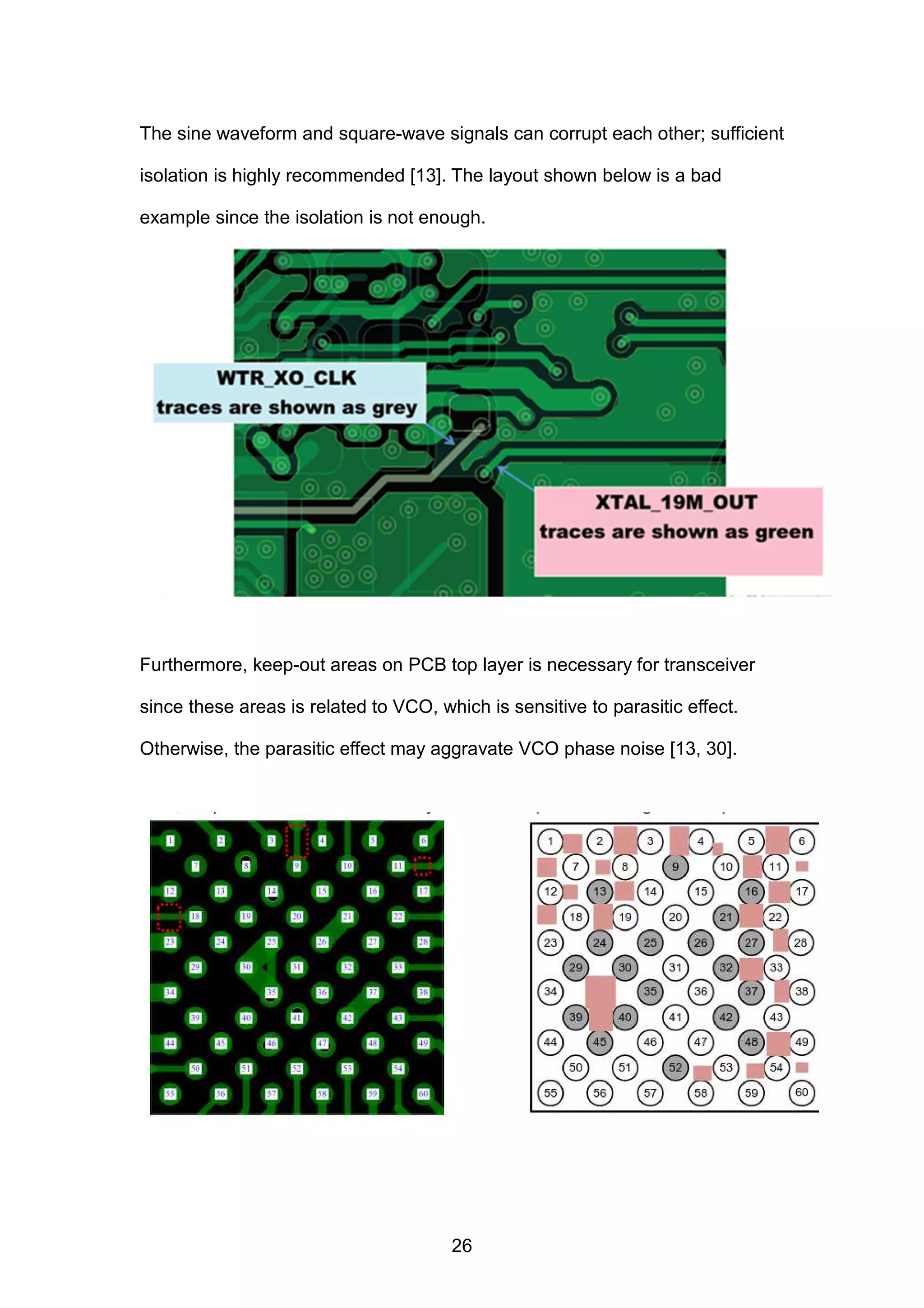 The sine waveform and square-wave signals can corrupt each other; sufficient
isolation is highly recommended [13]. The layout shown below is a bad
example since the isolation is not enough.
Furthermore, keep-out areas on PCB top layer is necessary for transceiver
since these areas is related to VCO, which is sensitive to parasitic effect.
Otherwise, the parasitic effect may aggravate VCO phase noise [13, 30].
26
 