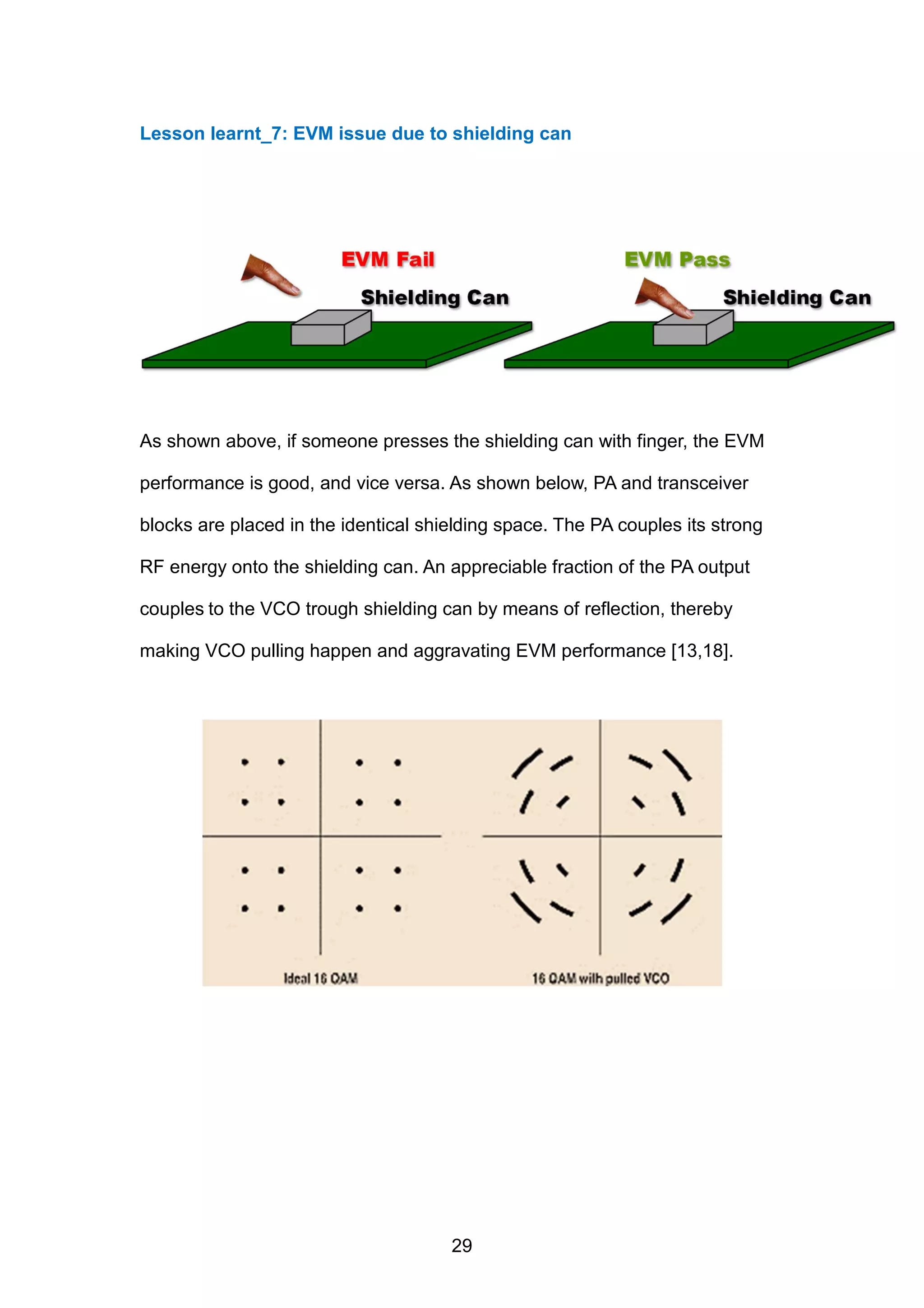 Lesson learnt_7: EVM issue due to shielding can
As shown above, if someone presses the shielding can with finger, the EVM
performance is good, and vice versa. As shown below, PA and transceiver
blocks are placed in the identical shielding space. The PA couples its strong
RF energy onto the shielding can. An appreciable fraction of the PA output
couples to the VCO trough shielding can by means of reflection, thereby
making VCO pulling happen and aggravating EVM performance [13,18].
29
 