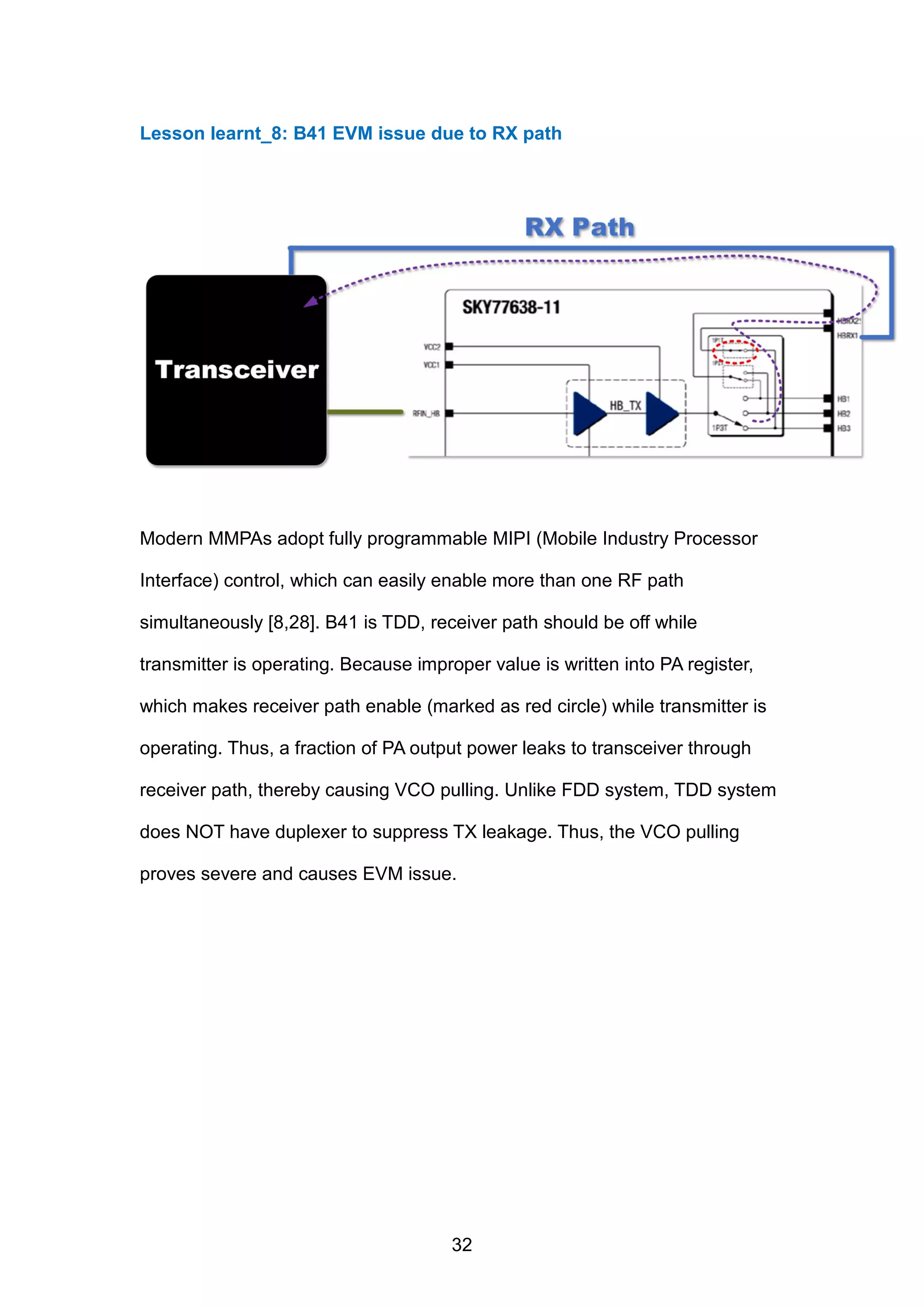Lesson learnt_8: B41 EVM issue due to RX path
Modern MMPAs adopt fully programmable MIPI (Mobile Industry Processor
Interface) control, which can easily enable more than one RF path
simultaneously [8,28]. B41 is TDD, receiver path should be off while
transmitter is operating. Because improper value is written into PA register,
which makes receiver path enable (marked as red circle) while transmitter is
operating. Thus, a fraction of PA output power leaks to transceiver through
receiver path, thereby causing VCO pulling. Unlike FDD system, TDD system
does NOT have duplexer to suppress TX leakage. Thus, the VCO pulling
proves severe and causes EVM issue.
32
 