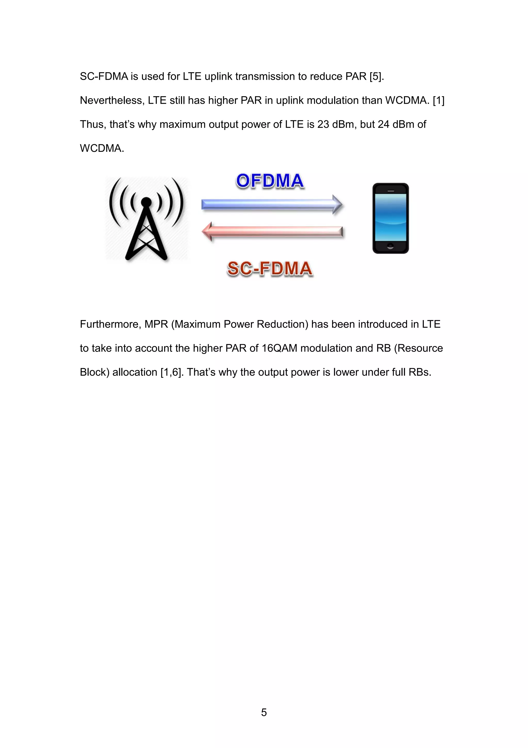 SC-FDMA is used for LTE uplink transmission to reduce PAR [5].
Nevertheless, LTE still has higher PAR in uplink modulation than WCDMA. [1]
Thus, that’s why maximum output power of LTE is 23 dBm, but 24 dBm of
WCDMA.
Furthermore, MPR (Maximum Power Reduction) has been introduced in LTE
to take into account the higher PAR of 16QAM modulation and RB (Resource
Block) allocation [1,6]. That’s why the output power is lower under full RBs.
5
 