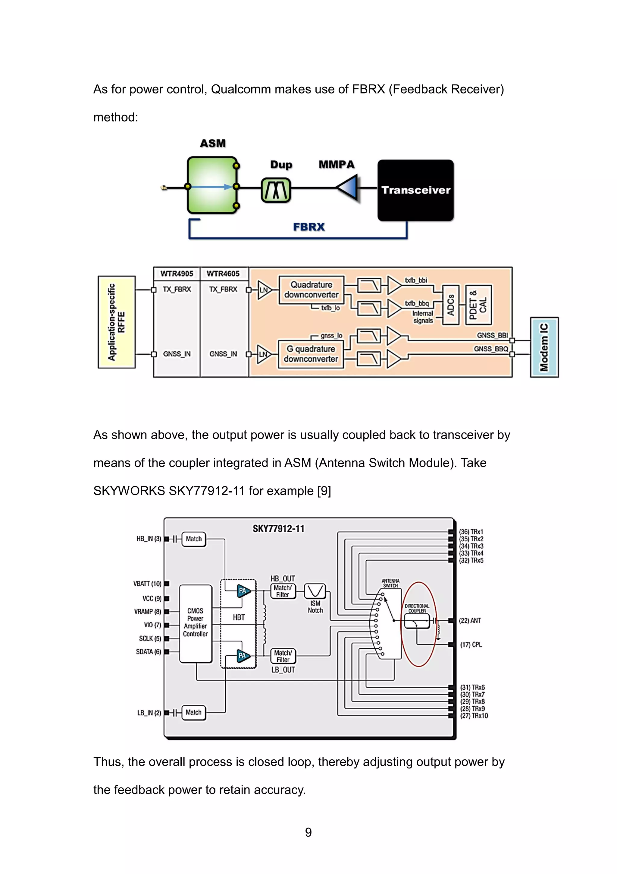 As for power control, Qualcomm makes use of FBRX (Feedback Receiver)
method:
As shown above, the output power is usually coupled back to transceiver by
means of the coupler integrated in ASM (Antenna Switch Module). Take
SKYWORKS SKY77912-11 for example [9]
Thus, the overall process is closed loop, thereby adjusting output power by
the feedback power to retain accuracy.
9
 