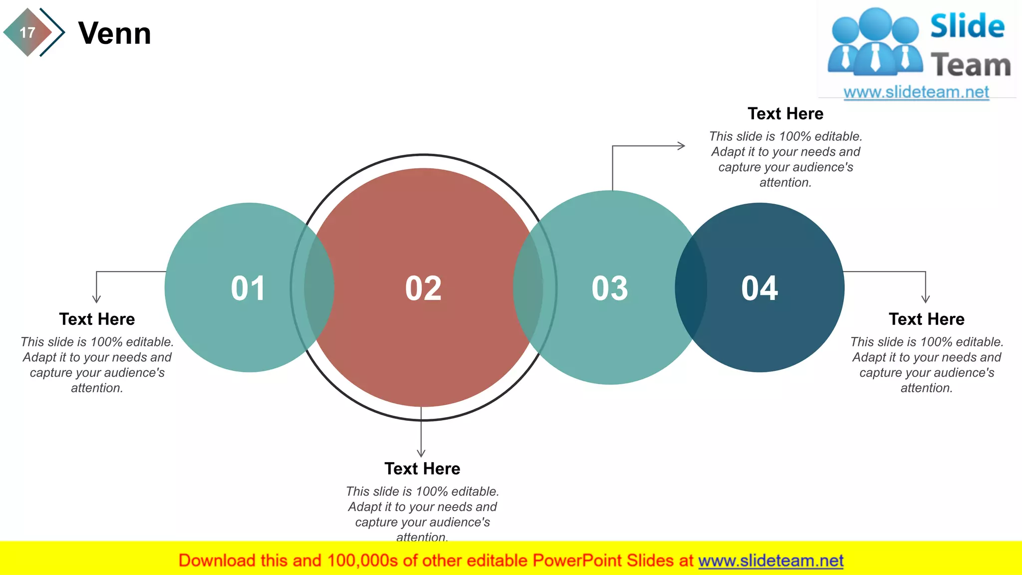 Venn17
02 03 0401
This slide is 100% editable.
Adapt it to your needs and
capture your audience's
attention.
Text Here
This slide is 100% editable.
Adapt it to your needs and
capture your audience's
attention.
Text Here
Text Here
This slide is 100% editable.
Adapt it to your needs and
capture your audience's
attention.
Text Here
This slide is 100% editable.
Adapt it to your needs and
capture your audience's
attention.
 