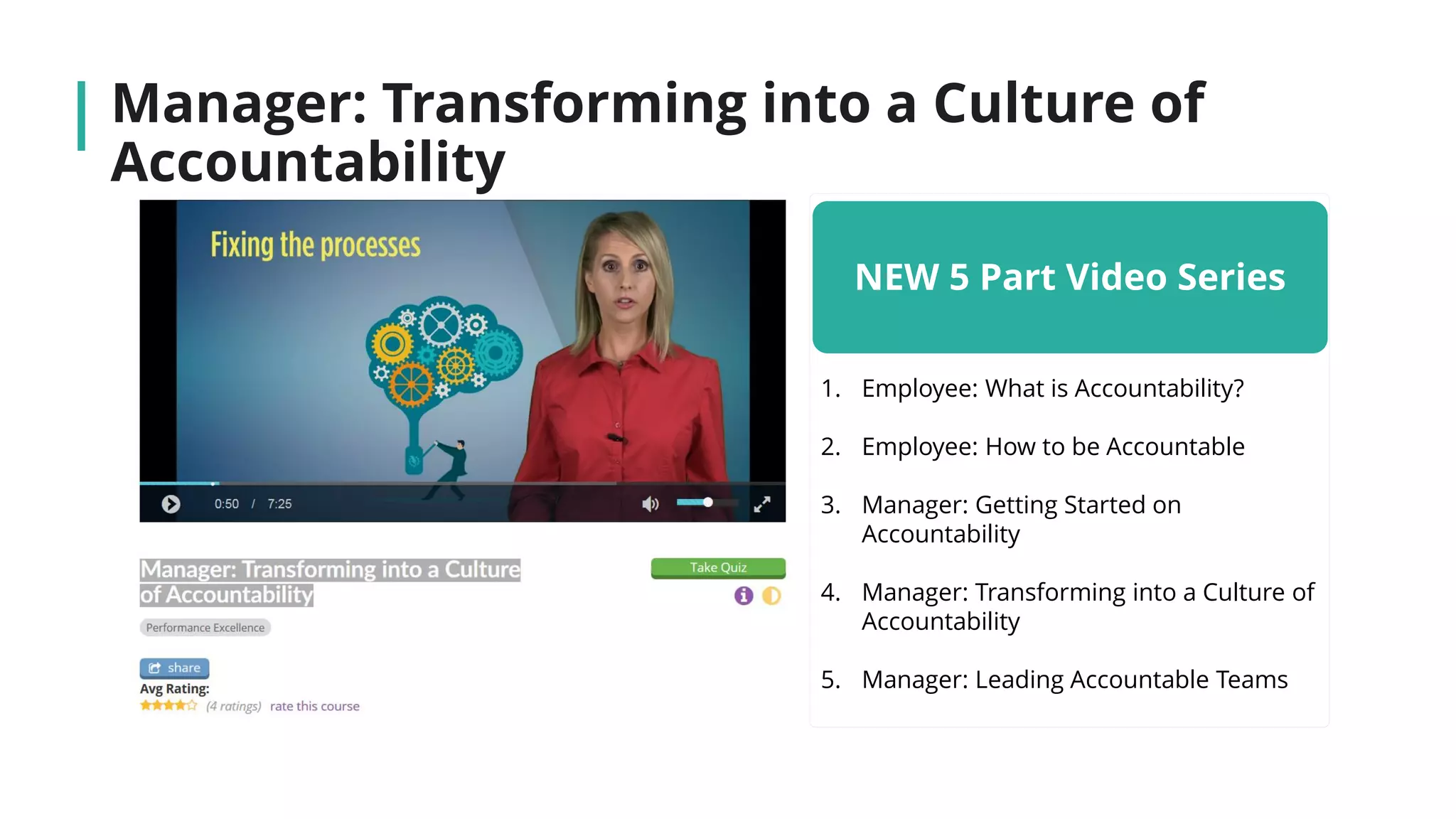 Manager: Transforming into a Culture of
Accountability
NEW 5 Part Video Series
1. Employee: What is Accountability?
2. Employee: How to be Accountable
3. Manager: Getting Started on
Accountability
4. Manager: Transforming into a Culture of
Accountability
5. Manager: Leading Accountable Teams
 