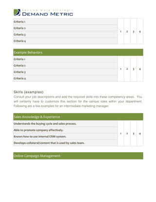 Criteria 1

Criteria 2
                                                                           1   2    3   4
Criteria 3

Criteria 4


Example Behaviors
Criteria 1

Criteria 2
                                                                           1   2    3   4
Criteria 3

Criteria 4



Skills (examples)
Consult your job descriptions and add the required skills into these competency areas. You
will certainly have to customize this section for the various roles within your department.
Following are a few examples for an intermediate marketing manager.


Sales Knowledge & Experience
Understands the buying cycle and sales process.

Able to promote company effectively.
                                                                           1   2    3   4
Knows how to use internal CRM system.

Develops collateral/content that is used by sales team.



Online Campaign Management
 