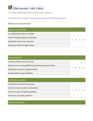 accurately assessing the key areas for your company.


Please provide a rating for each section based on the following criteria:

Behaviors (examples)


Displays Leadership
Is recognized by peers as a leader.

Leads through change and adversity.
                                                                            1   2   3   4
Establishes clear focus, direction.

Motivates and encourages others.




Takes Initiative
Tackles problems and takes risks.

Seeks out new responsibilities & generates innovative ideas.
                                                                            1   2   3   4
Recognizes and acts on opportunities.

Broadly defines responsibilities.


Cares About Quality
Is attentive to detail and accuracy.

Looks for improvements continuously.
                                                                            1   2   3   4
Finds root cause of quality problems.

Owns/acts on quality problems.


Strives for Results
 