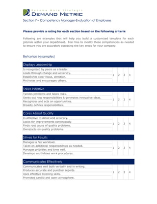 Section 7 – Competency Manager-Evaluation of Employee


Please provide a rating for each section based on the following criteria:

Following are examples that will help you build a customized template for each
job/role within your department. Feel free to modify these competencies as needed
to ensure you are accurately assessing the key areas for your company.



Behaviors (examples)

Displays Leadership
Is recognized by peers as a leader.
Leads through change and adversity.
                                                                 1   2   3   4
Establishes clear focus, direction.
Motivates and encourages others.


Takes Initiative
Tackles problems and takes risks.
Seeks out new responsibilities & generates innovative ideas.
                                                                 1   2   3   4
Recognizes and acts on opportunities.
Broadly defines responsibilities.


Cares About Quality
Is attentive to detail and accuracy.
Looks for improvements continuously.
                                                                 1   2   3   4
Finds root cause of quality problems.
Owns/acts on quality problems.


Strives for Results
Manages a fair workload.
Takes on additional responsibilities as needed.
                                                                 1   2   3   4
Manages priorities and time well.
Develops and follows work procedures.


Communicates Effectively
Communicates well both verbally and in writing.
Produces accurate and punctual reports.
                                                                 1   2   3   4
Uses effective listening skills.
Promotes candid and open atmosphere.
 