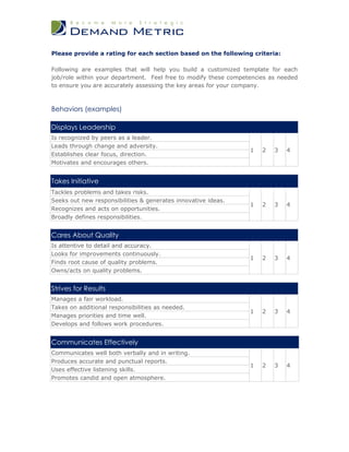 Please provide a rating for each section based on the following criteria:

Following are examples that will help you build a customized template for each
job/role within your department. Feel free to modify these competencies as needed
to ensure you are accurately assessing the key areas for your company.



Behaviors (examples)

Displays Leadership
Is recognized by peers as a leader.
Leads through change and adversity.
                                                                 1   2   3   4
Establishes clear focus, direction.
Motivates and encourages others.


Takes Initiative
Tackles problems and takes risks.
Seeks out new responsibilities & generates innovative ideas.
                                                                 1   2   3   4
Recognizes and acts on opportunities.
Broadly defines responsibilities.


Cares About Quality
Is attentive to detail and accuracy.
Looks for improvements continuously.
                                                                 1   2   3   4
Finds root cause of quality problems.
Owns/acts on quality problems.


Strives for Results
Manages a fair workload.
Takes on additional responsibilities as needed.
                                                                 1   2   3   4
Manages priorities and time well.
Develops and follows work procedures.


Communicates Effectively
Communicates well both verbally and in writing.
Produces accurate and punctual reports.
                                                                 1   2   3   4
Uses effective listening skills.
Promotes candid and open atmosphere.
 